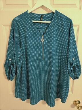 Cathy Women's Teal Polka Dot V-Neck Zip-Front Blouse Size XL